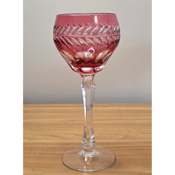 Vintage Cranberry Cut To Clear Crystal Hock Wine Glass Goblet Elegant Barware - Picture 1 of 6